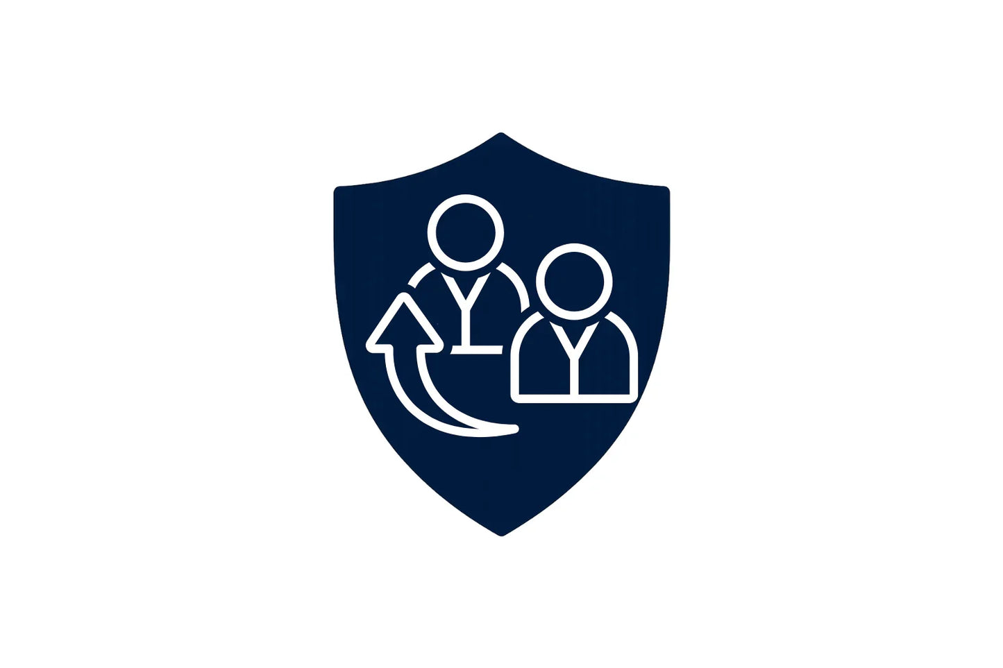 Teamwork icon with two people and arrow on dark blue shield, business security symbol