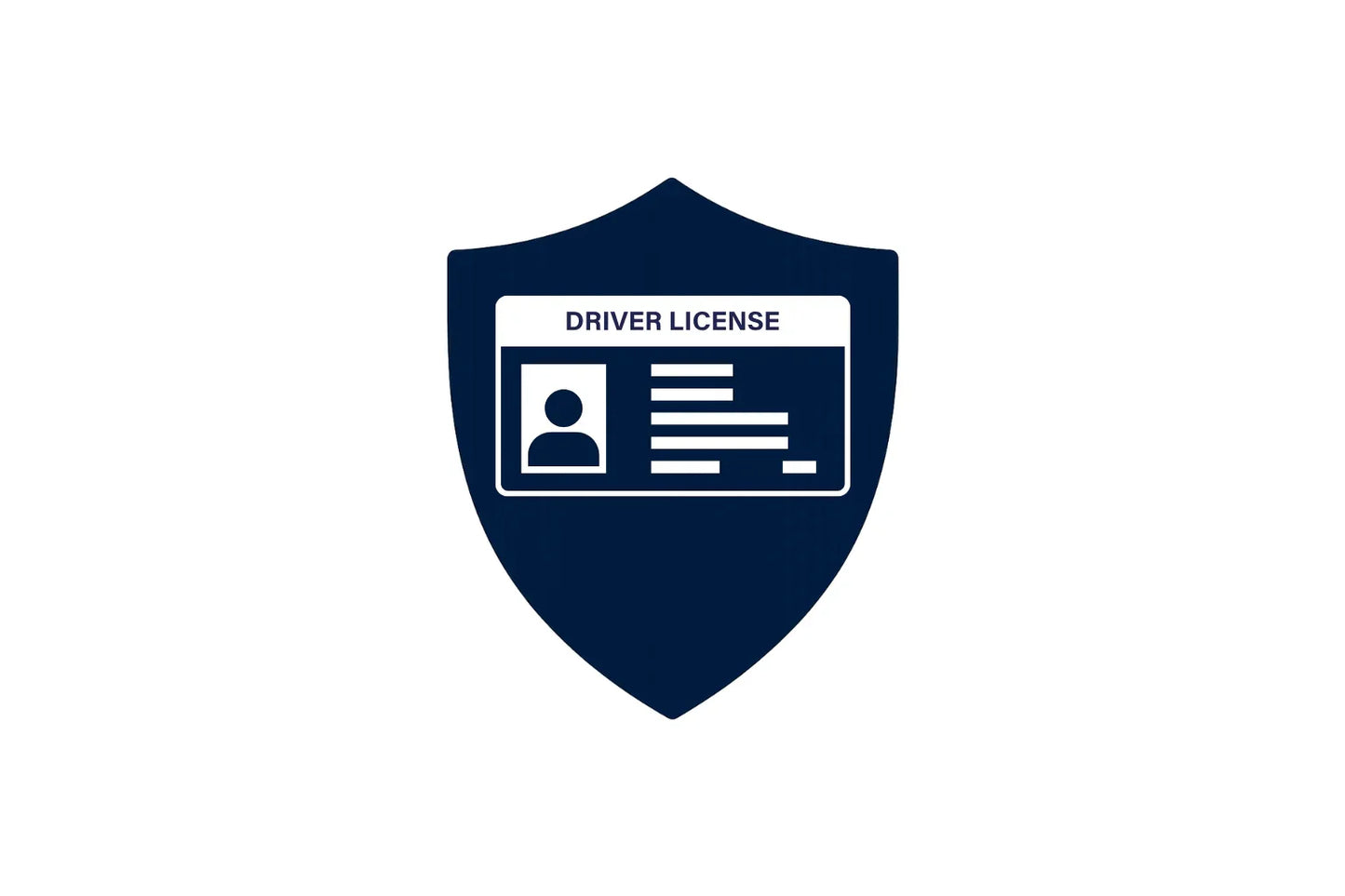 Driver license icon on a dark blue security shield, identity protection graphic