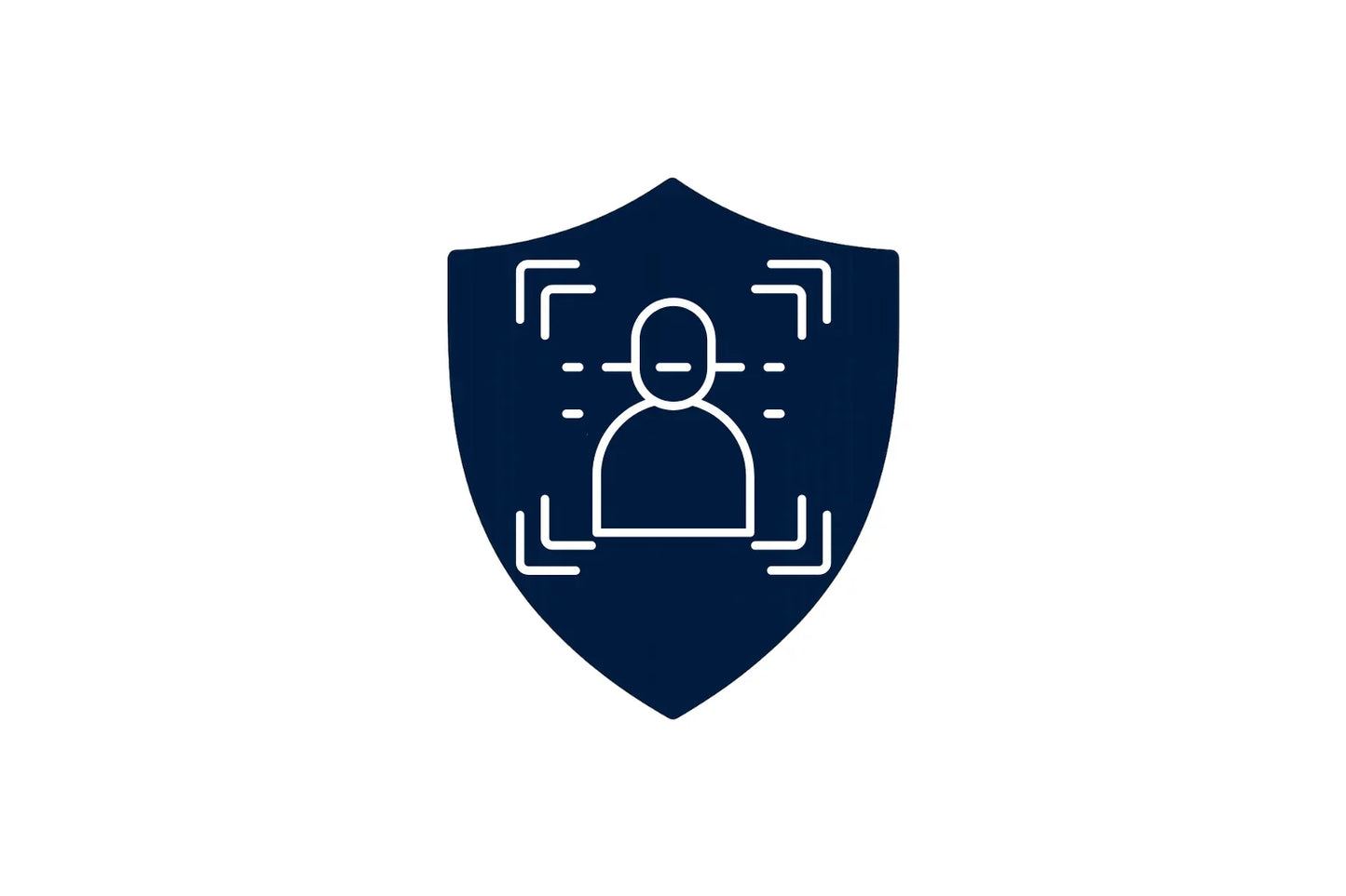 Facial recognition icon on dark blue shield, biometric security illustration