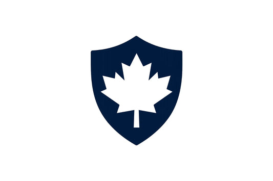 Blue shield with white maple leaf icon, Canada security logo on white background