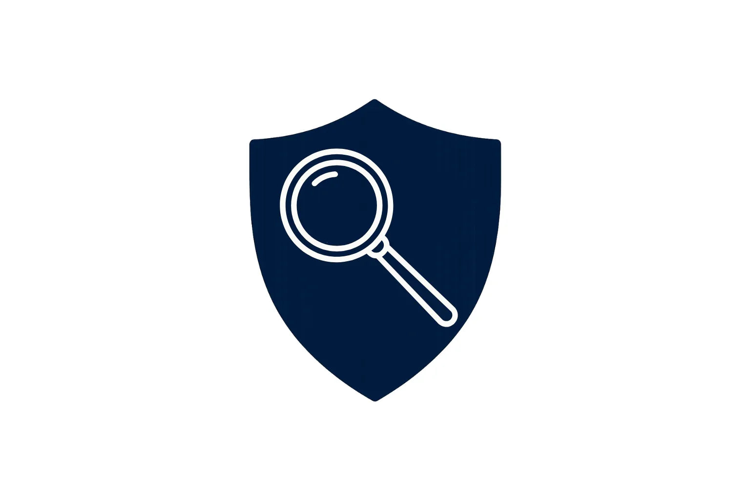 Magnifying glass icon on dark blue shield for security and search