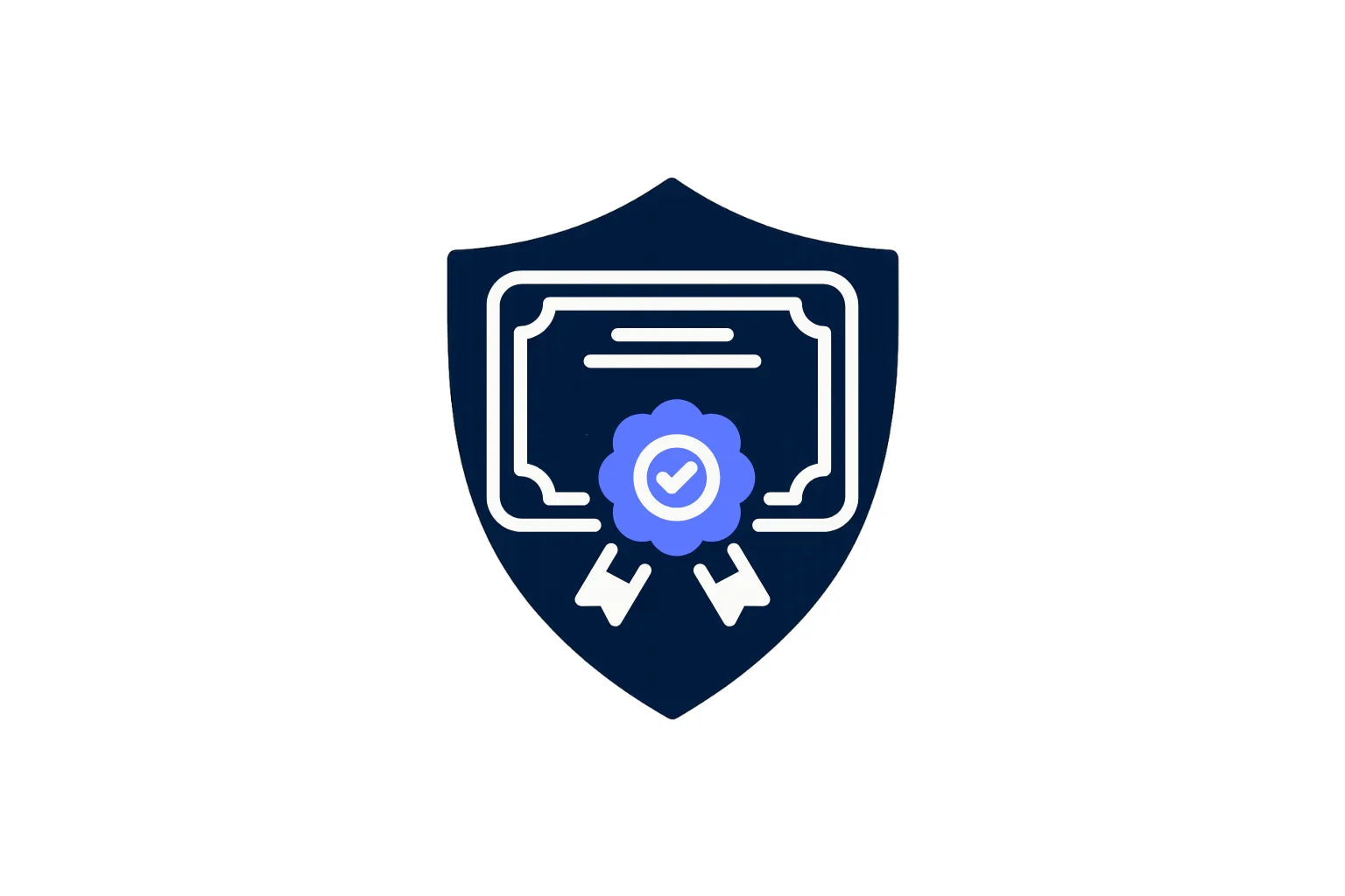 Certificate and ribbon badge icon on blue shield, symbolizing certification and security