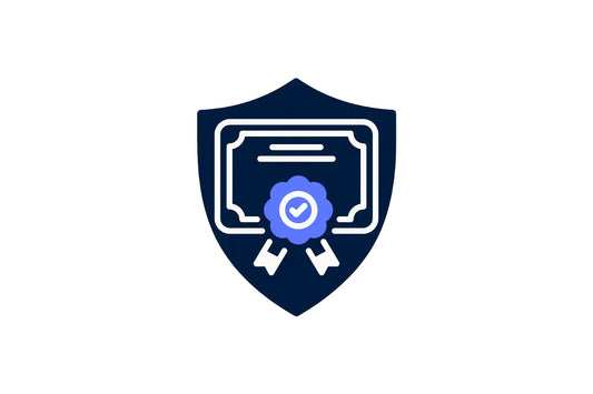Certificate and ribbon badge icon on blue shield, symbolizing certification and security