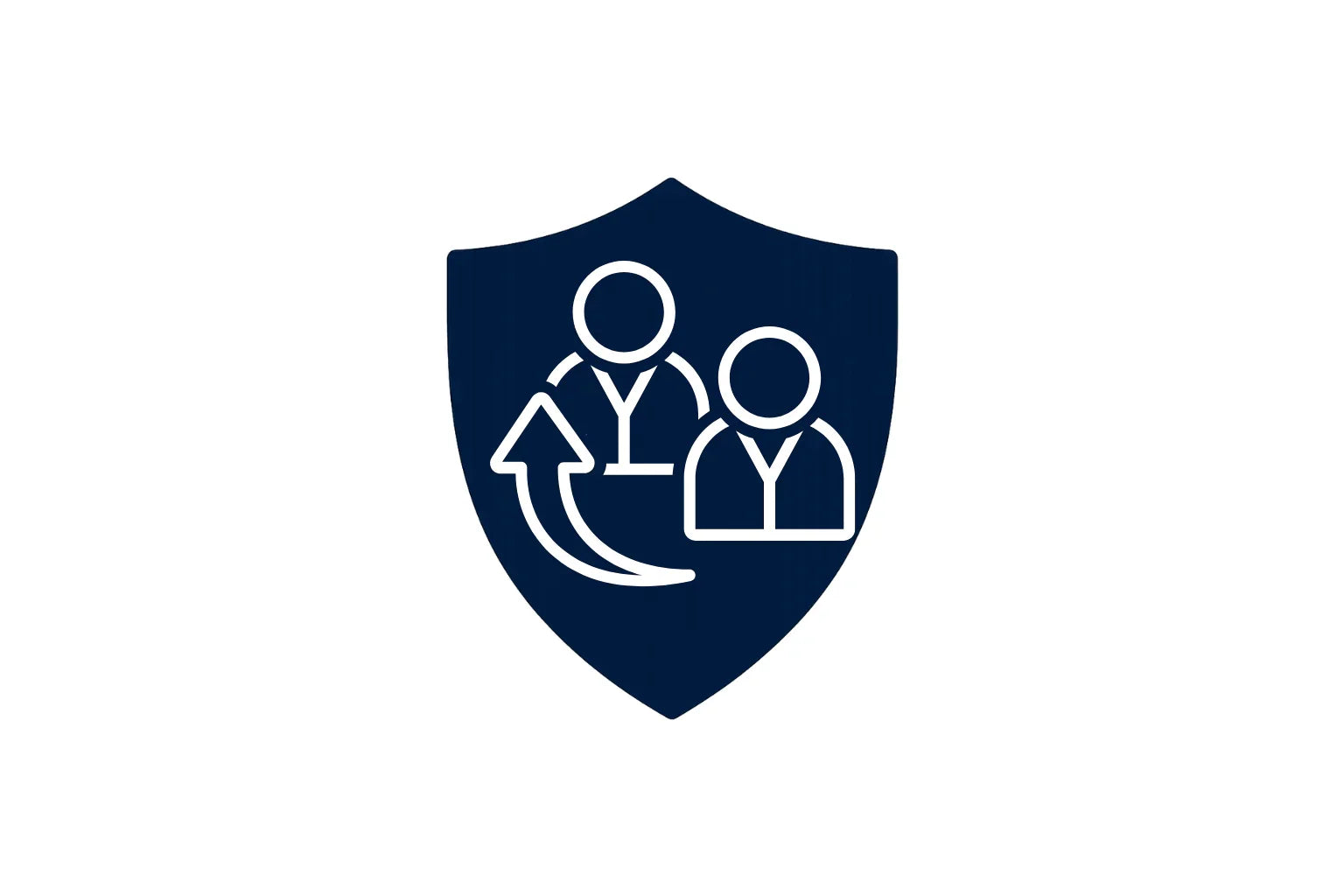 Teamwork icon with two people and arrow on dark blue shield, business security symbol