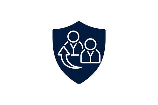 Teamwork icon with two people and arrow on dark blue shield, business security symbol