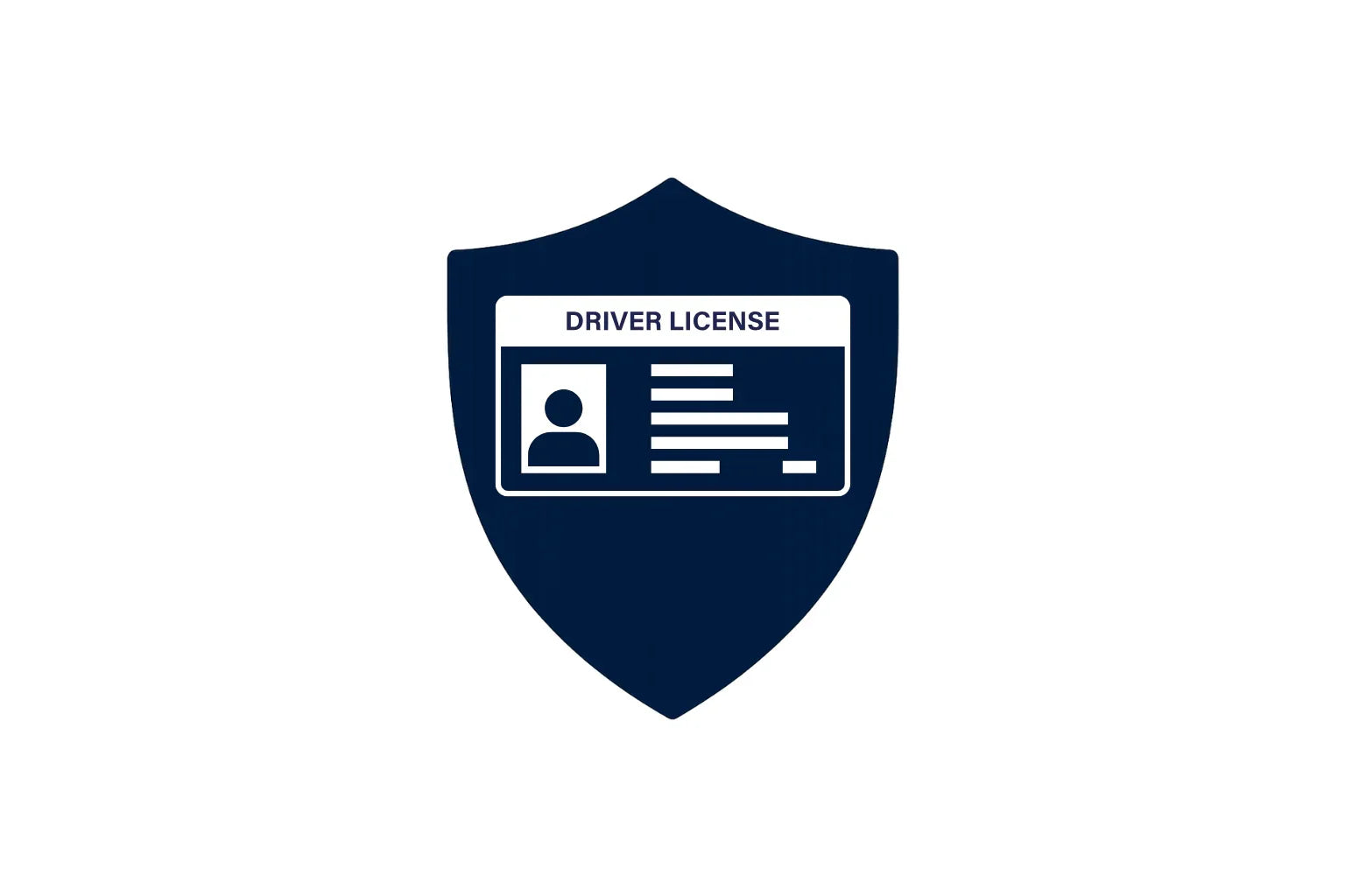Driver license icon on a dark blue security shield, identity protection graphic