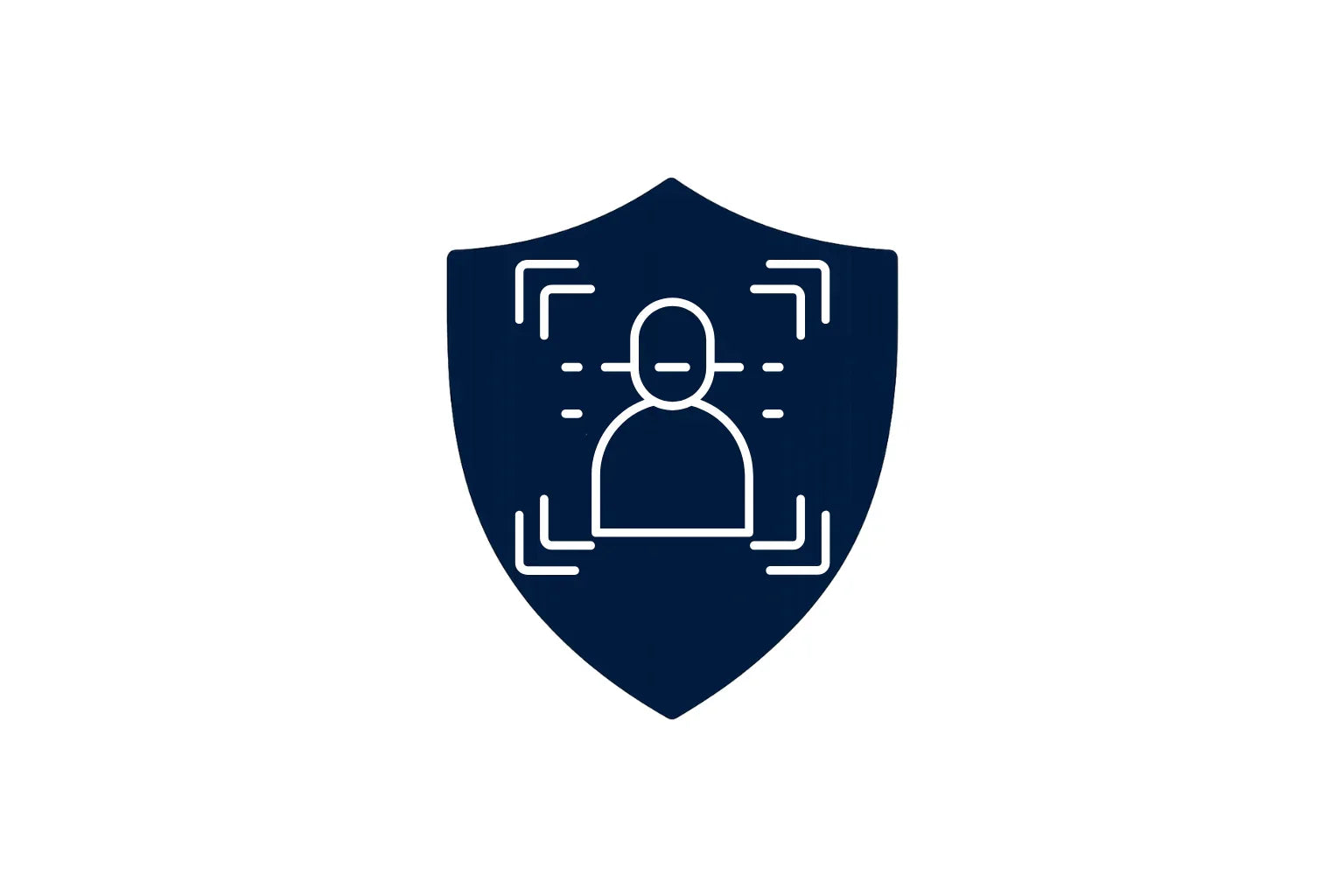 Facial recognition icon on dark blue shield, biometric security illustration