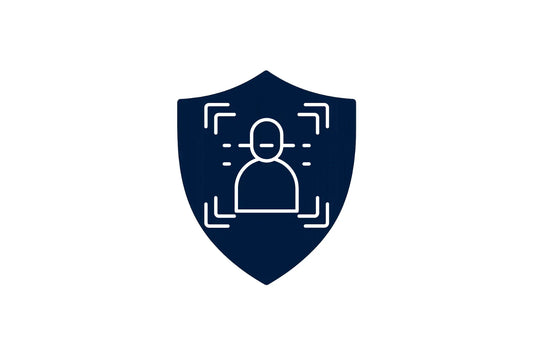 Facial recognition icon on dark blue shield, biometric security illustration