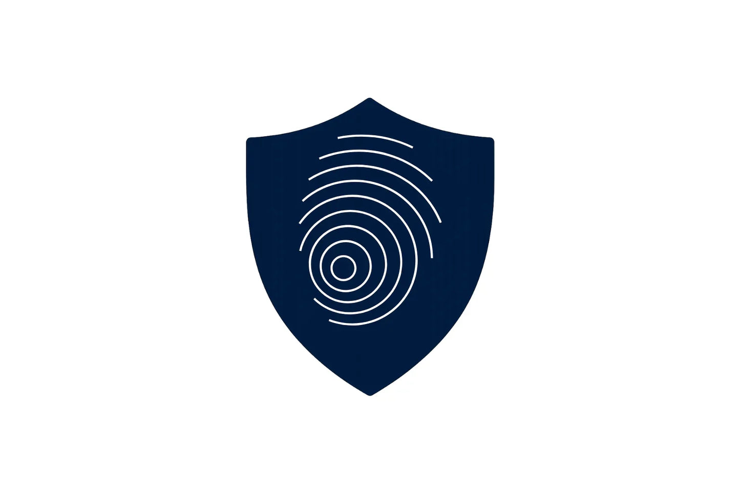 Fingerprint icon on dark blue security shield, digital identity protection symbol