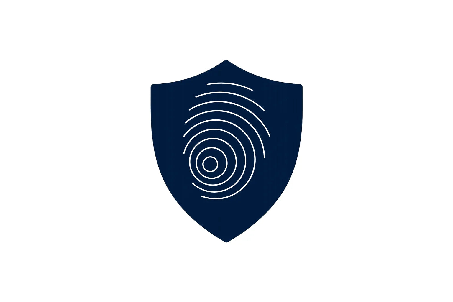 Fingerprint icon on dark blue security shield, digital identity protection symbol