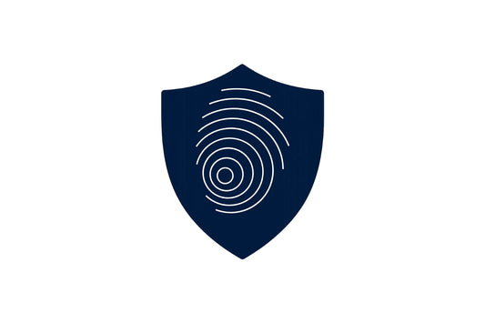 Fingerprint icon on dark blue security shield, digital identity protection symbol