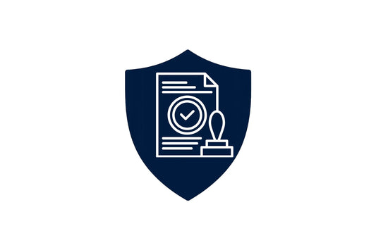 Shield icon with certified document and stamp, symbolizing legal protection and security